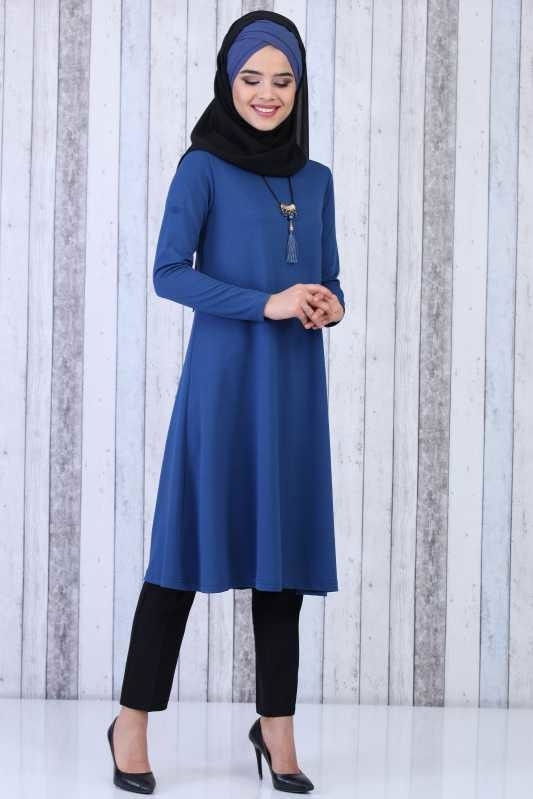 Düz Orta Kadın Mavi Tunik Kolye Kombin Saks - 02 6619 - 6619 MAVİ