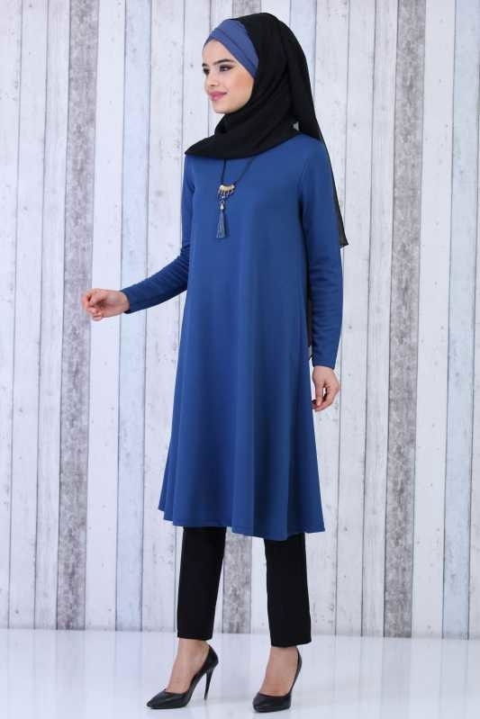 Düz Orta Kadın Mavi Tunik Kolye Kombin Saks - 02 6619 - 6619 MAVİ