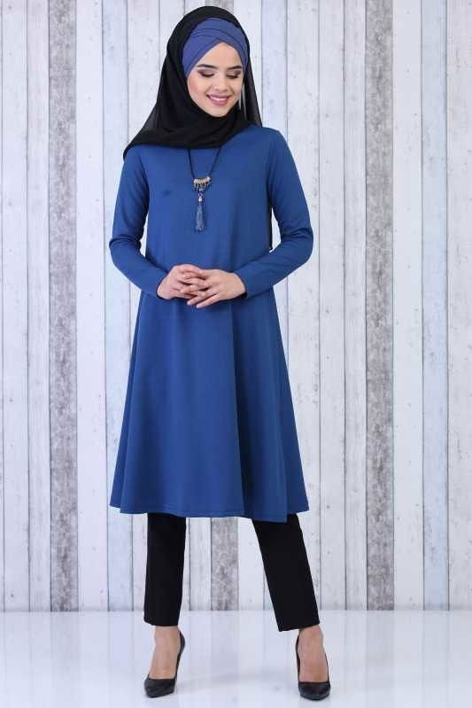 Düz Orta Kadın Mavi Tunik Kolye Kombin Saks - 02 6619 - 6619 MAVİ