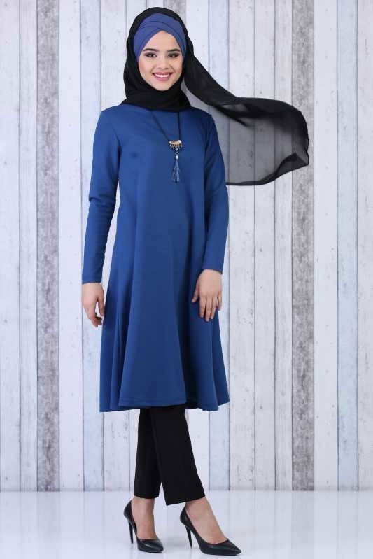 Düz Orta Kadın Mavi Tunik Kolye Kombin Saks - 02 6619 - 6619 MAVİ