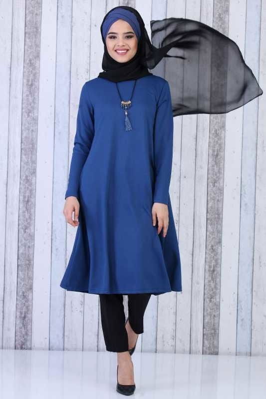 Düz Orta Kadın Mavi Tunik Kolye Kombin Saks - 02 6619 - 6619 MAVİ