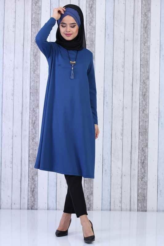 Düz Orta Kadın Mavi Tunik Kolye Kombin Saks - 02 6619 - 6619 MAVİ