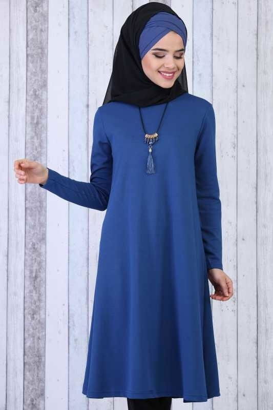 Düz Orta Kadın Mavi Tunik Kolye Kombin Saks - 02 6619 - 6619 MAVİ