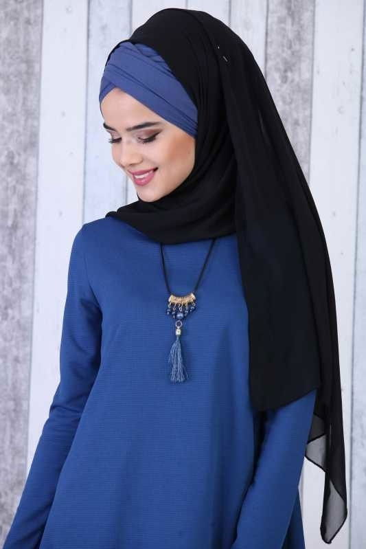 Düz Orta Kadın Mavi Tunik Kolye Kombin Saks - 02 6619 - 6619 MAVİ