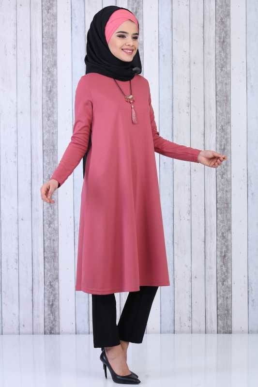 Düz Orta Kadın Pembe Tunik Kolye Kombin Gülkurusu - 02 6619 - 6619