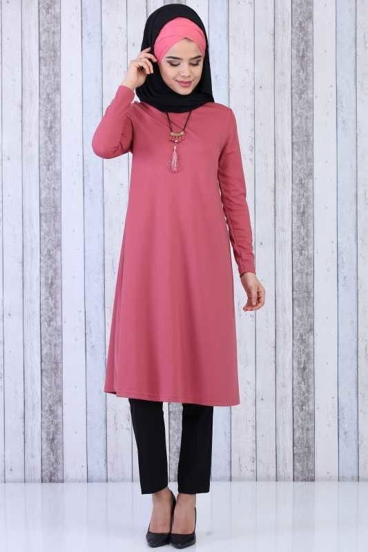 Düz Orta Kadın Pembe Tunik Kolye Kombin Gülkurusu - 02 6619 - 6619