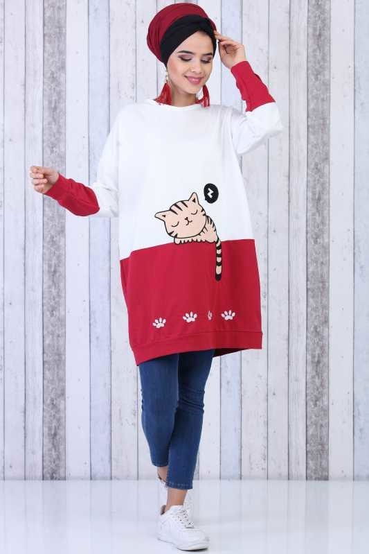 Düz Orta Kadın Bordo Kedi Baskılı Tunik Bordo  - 6604 BORDO