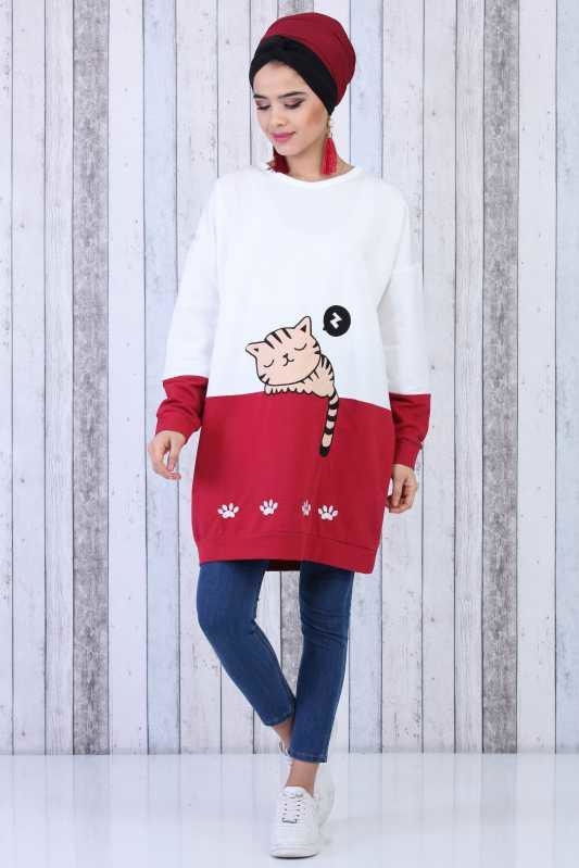 Düz Orta Kadın Bordo Kedi Baskılı Tunik Bordo  - 6604 BORDO