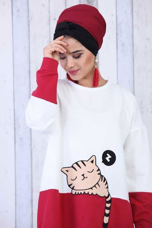 Düz Orta Kadın Bordo Kedi Baskılı Tunik Bordo  - 6604 BORDO