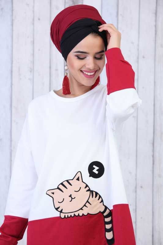 Düz Orta Kadın Bordo Kedi Baskılı Tunik Bordo  - 6604 BORDO