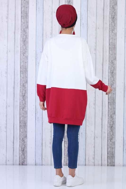 Düz Orta Kadın Bordo Kedi Baskılı Tunik Bordo  - 6604 BORDO
