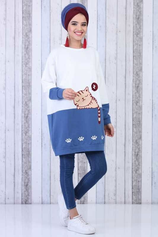 Düz Orta Kadın Mavi Kedi Baskılı Tunik Bordo  - 6604
