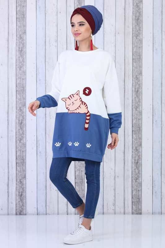 Düz Orta Kadın Mavi Kedi Baskılı Tunik Bordo  - 6604
