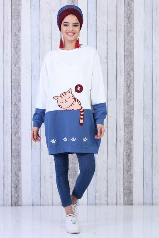 Düz Orta Kadın Mavi Kedi Baskılı Tunik Bordo  - 6604