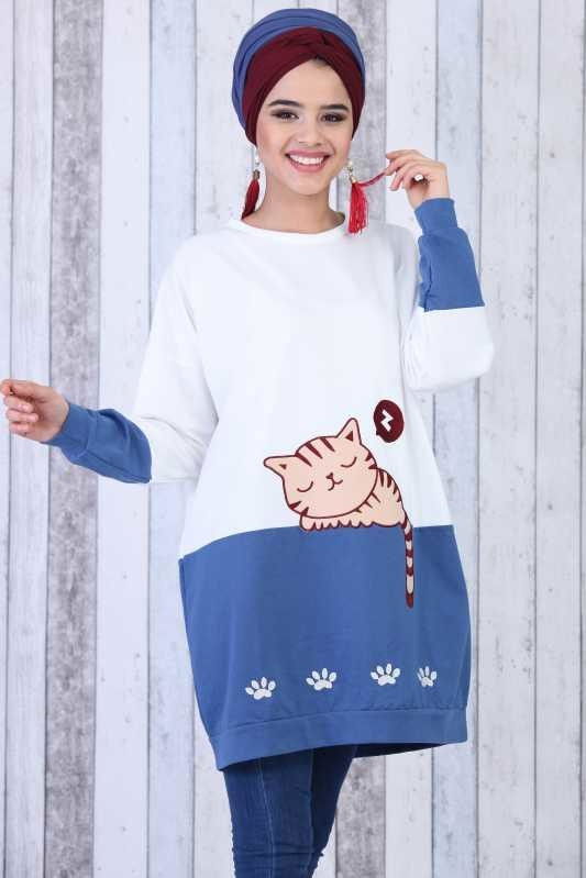 Düz Orta Kadın Mavi Kedi Baskılı Tunik Bordo  - 6604