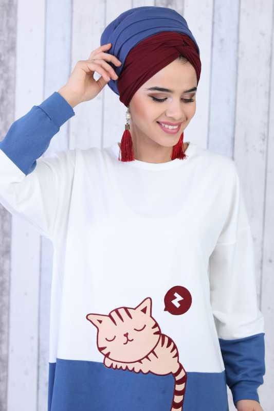Düz Orta Kadın Mavi Kedi Baskılı Tunik Bordo  - 6604