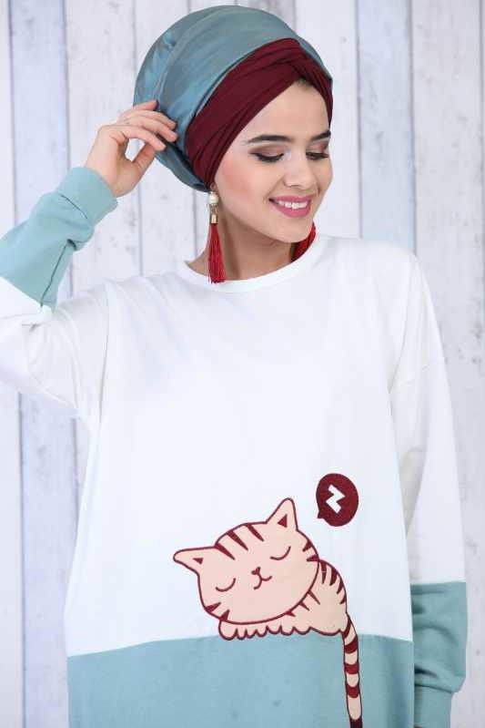 Düz Orta Kadın Yeşil Kedi Baskılı Tunik Bordo  - 6604