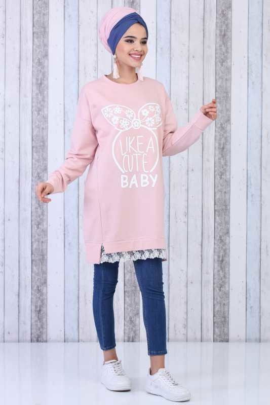 Düz Orta Kadın Pembe Baskılı Tunik Siyah  - 6611 PEMBE