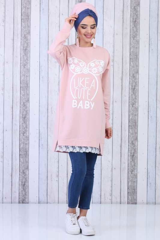 Düz Orta Kadın Pembe Baskılı Tunik Siyah  - 6611 PEMBE