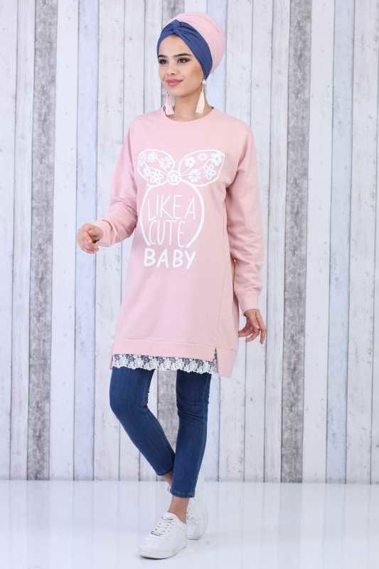 Düz Orta Kadın Pembe Baskılı Tunik Siyah  - 6611 PEMBE