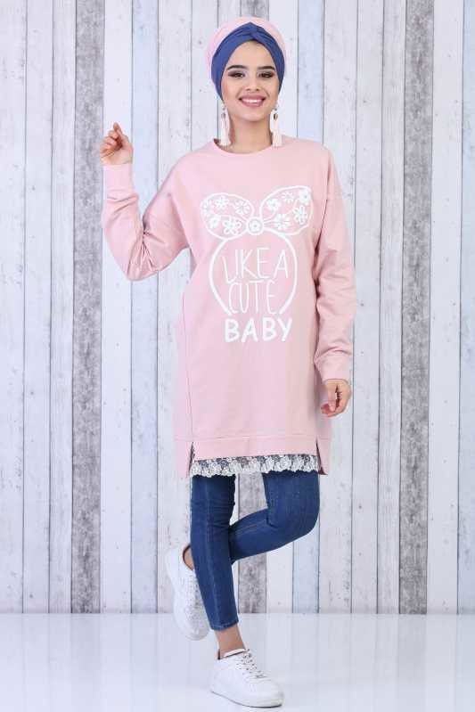 Düz Orta Kadın Pembe Baskılı Tunik Siyah  - 6611 PEMBE