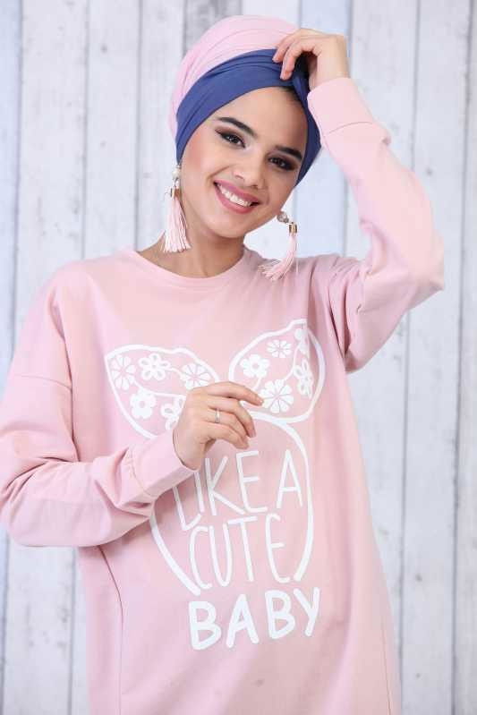Düz Orta Kadın Pembe Baskılı Tunik Siyah  - 6611 PEMBE