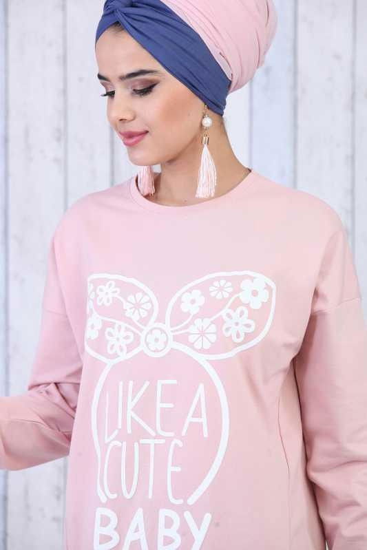 Düz Orta Kadın Pembe Baskılı Tunik Siyah  - 6611 PEMBE
