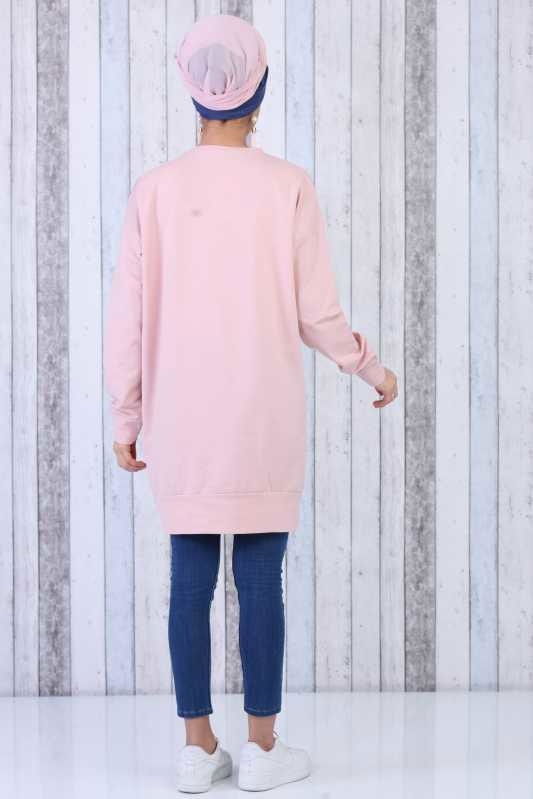 Düz Orta Kadın Pembe Baskılı Tunik Siyah  - 6611 PEMBE