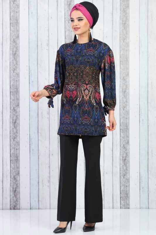 Düz Orta Kadın Mavi Desnli Tunik Saks 02 6631 - 6631