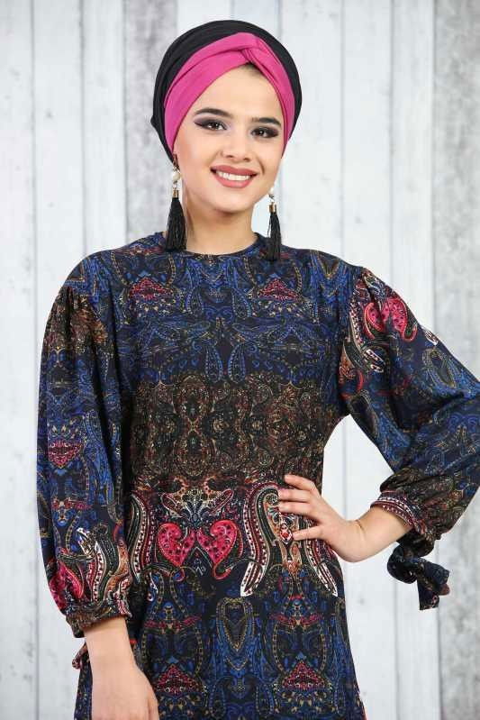 Düz Orta Kadın Mavi Desnli Tunik Saks 02 6631 - 6631