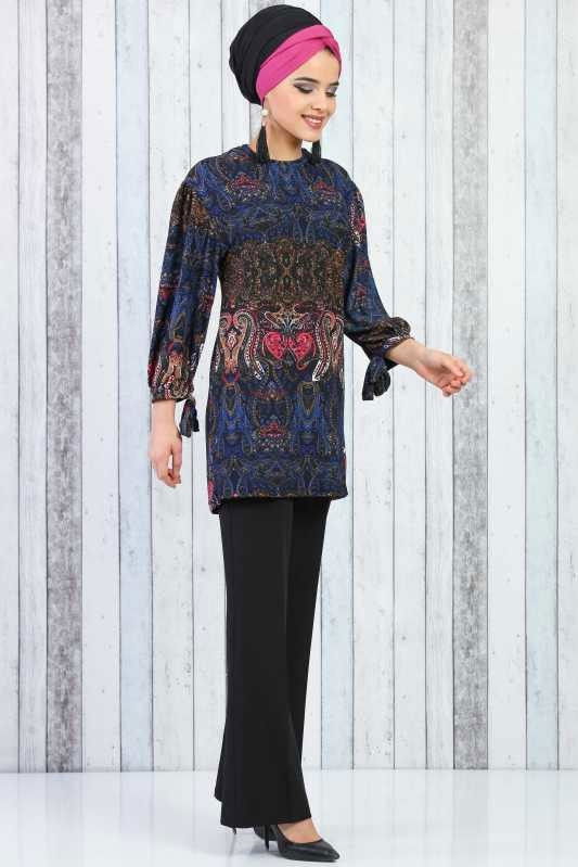 Düz Orta Kadın Mavi Desnli Tunik Saks 02 6631 - 6631