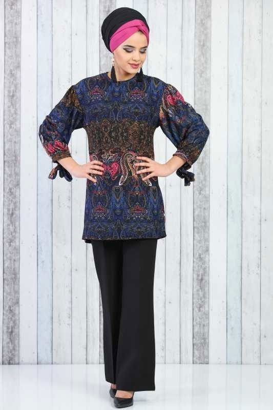 Düz Orta Kadın Mavi Desnli Tunik Saks 02 6631 - 6631