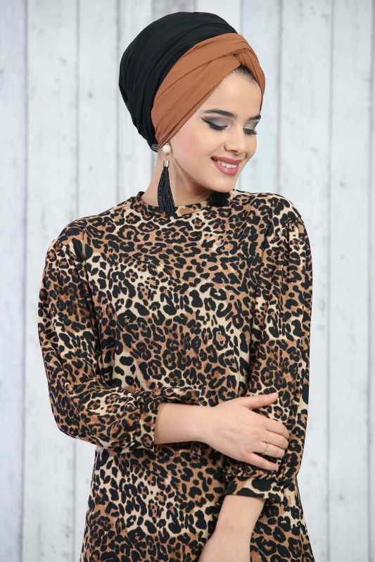 Düz Orta Kadın Kahverengi Desenli Tunik Leopar  - 6633