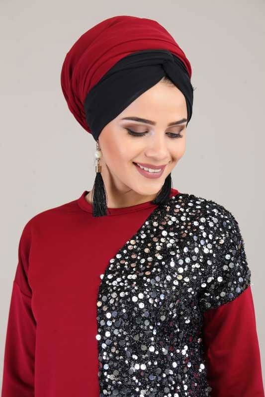 Düz Orta Kadın Bordo Pullu Tunik Siyah  - 6660 BORDO