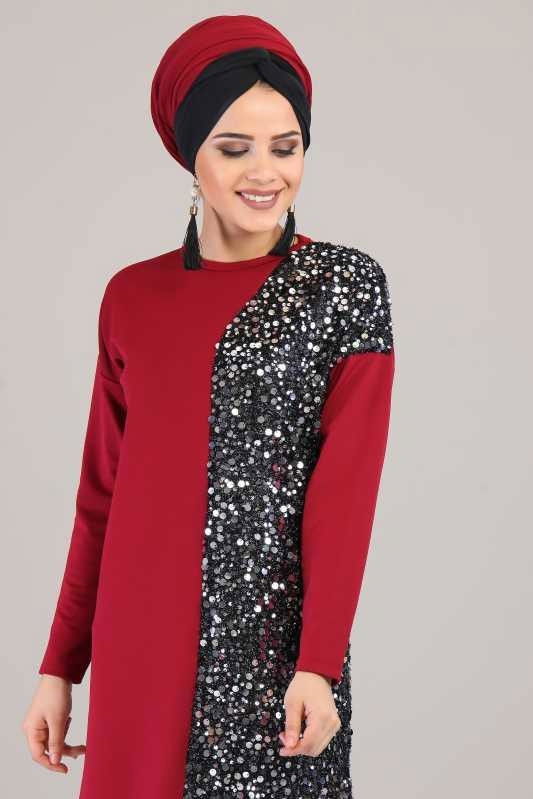 Düz Orta Kadın Bordo Pullu Tunik Siyah  - 6660 BORDO