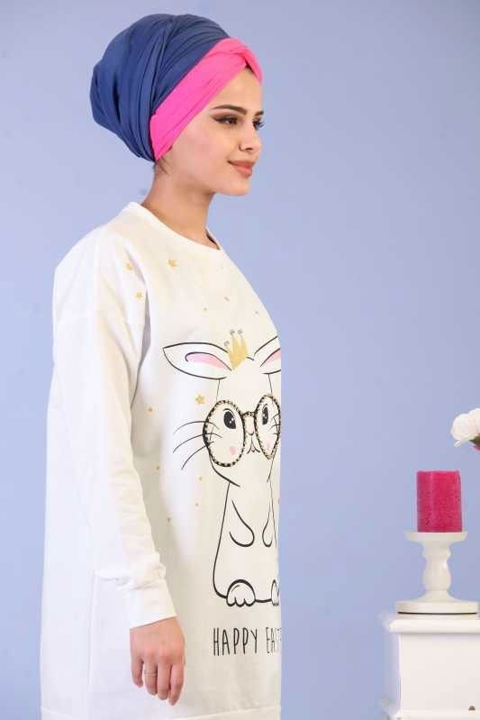 Düz Orta Kadın Beyaz Tavşan Desen Tunik Kırmızı  - 6672 BEYAZ