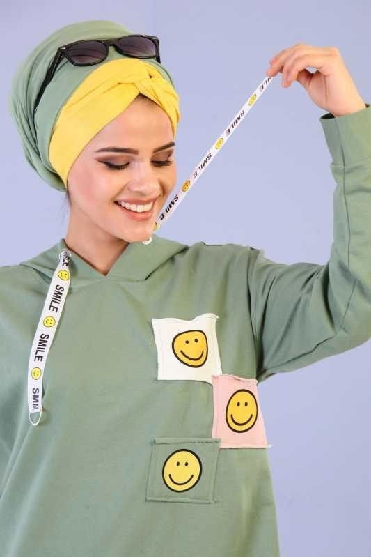 Düz Orta Kadın Yeşil Smile Baskılı Tunik Siyah  - 6679