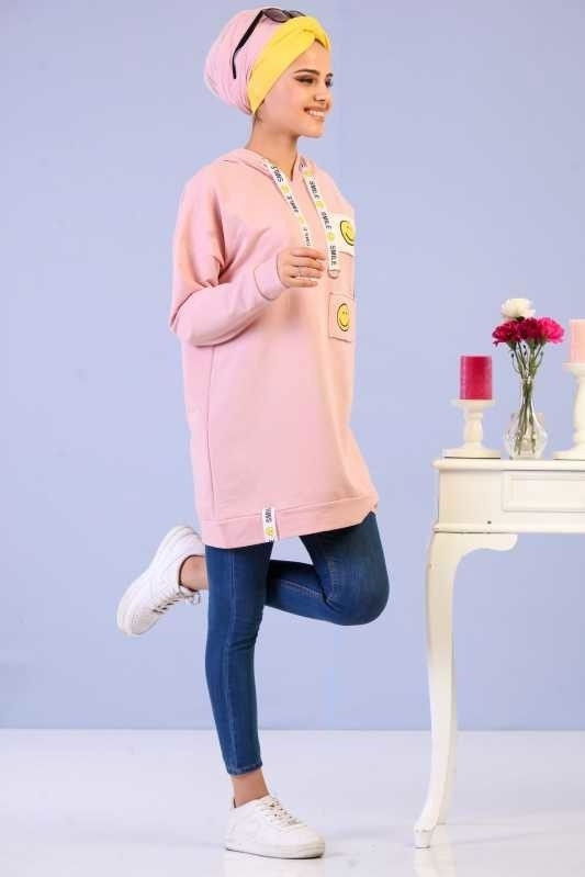 Düz Orta Kadın Pembe Smile Baskılı Tunik Siyah  - 6679