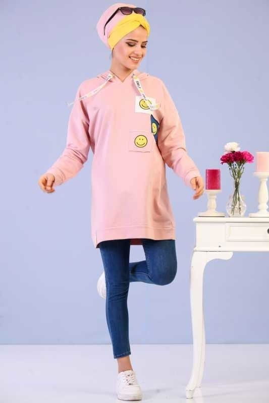 Düz Orta Kadın Pembe Smile Baskılı Tunik Siyah  - 6679