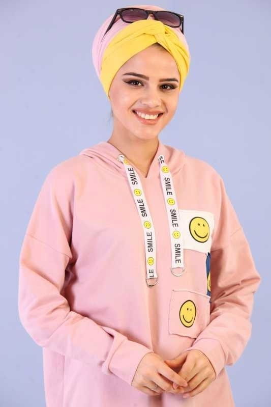 Düz Orta Kadın Pembe Smile Baskılı Tunik Siyah  - 6679
