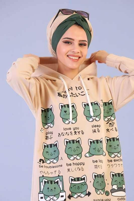 Düz Orta Kadın Bej Kapşonlu Tunik Bordo  - 6675