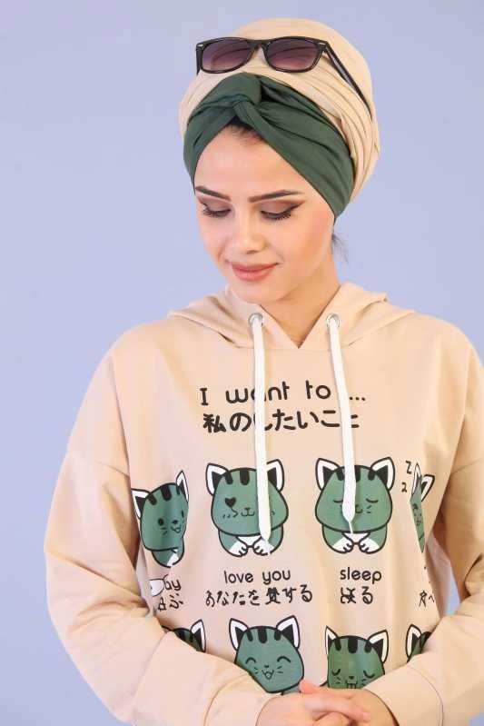 Düz Orta Kadın Bej Kapşonlu Tunik Bordo  - 6675