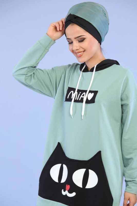 Düz Orta Kadın Yeşil Kapşonlu Tunik Bordo  - 6677 YEŞİL