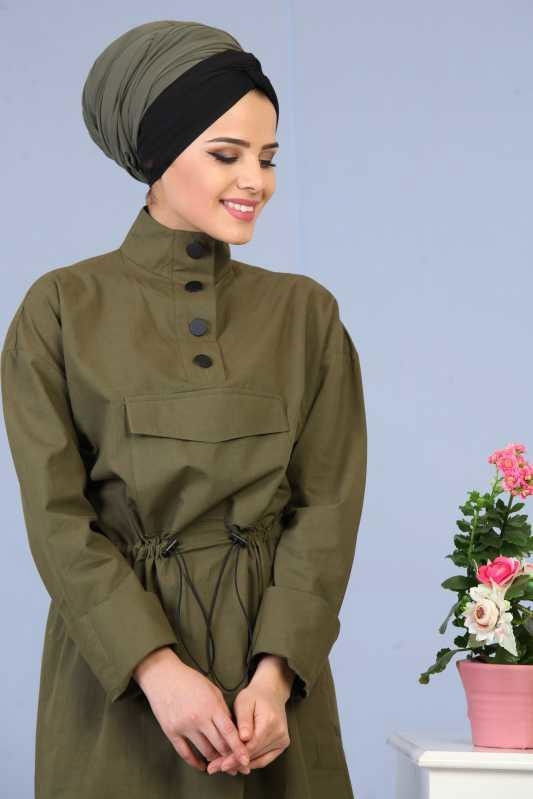 Düz Orta Kadın Haki Cep Detay Tunik Siyah  - 6696 HAKİ