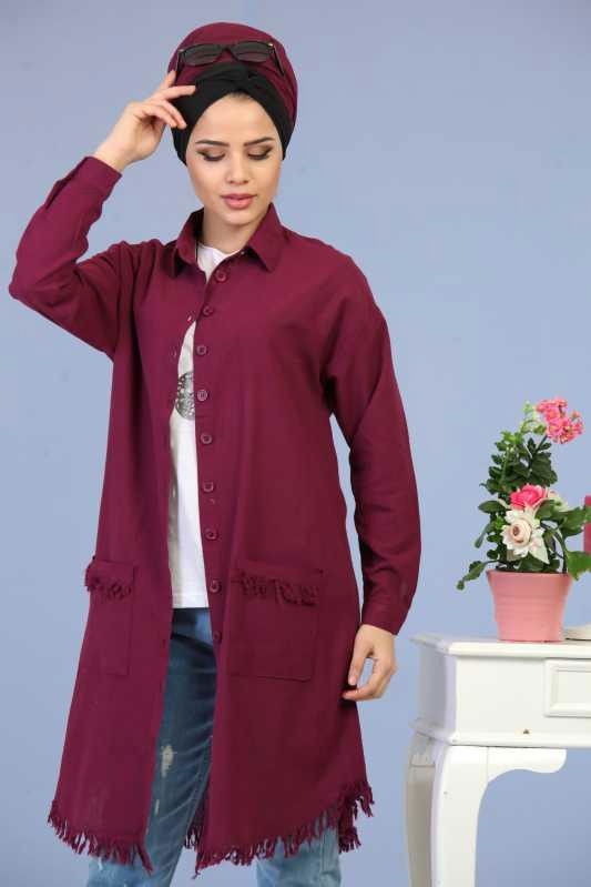 Düz Orta Kadın Mor Püsküllü Tunik Pembe  - 6697