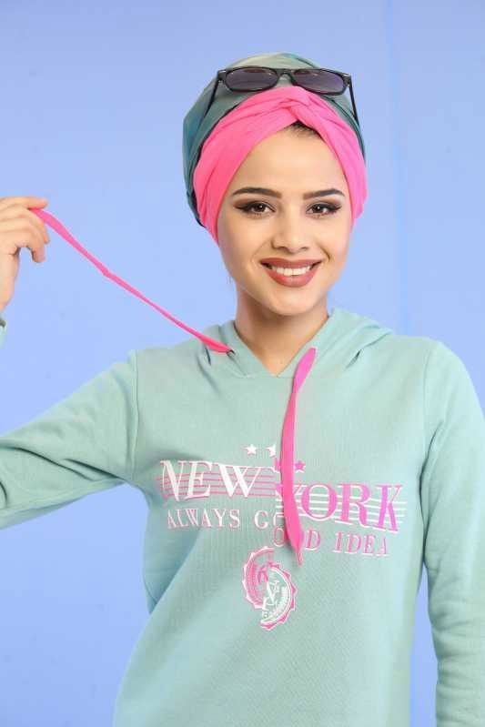 Düz Orta Kadın Yeşil Baskılı Kapşonlu Tunik Yeşil - 6688