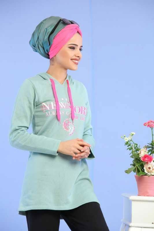 Düz Orta Kadın Yeşil Baskılı Kapşonlu Tunik Yeşil - 6688