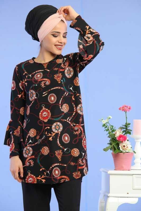 Düz Orta Kadın Siyah Kol Volenli Tunik Siyah  - 6714