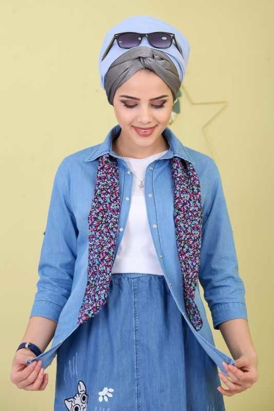 Düz Orta Kadın Mavi Fular Kot Tunik Mavi - 02 6716 - 6716 MAVİ