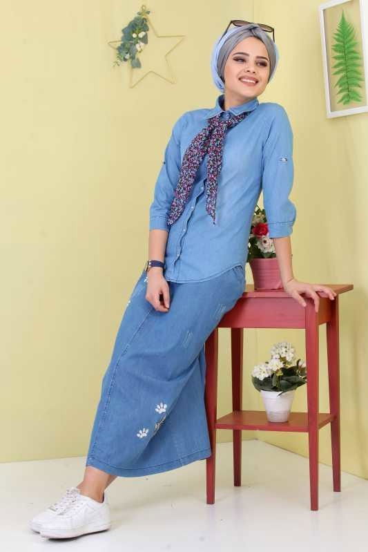 Düz Orta Kadın Mavi Fular Kot Tunik Mavi - 02 6716 - 6716 MAVİ